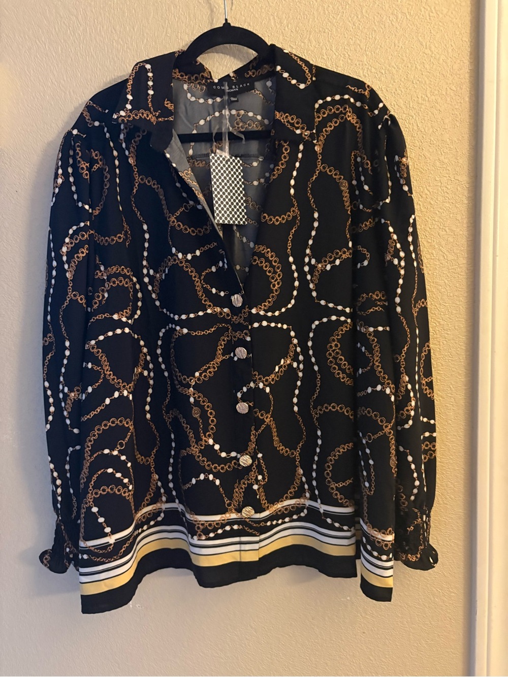 Black Chain-Print Button-Down Blouse - Unbranded